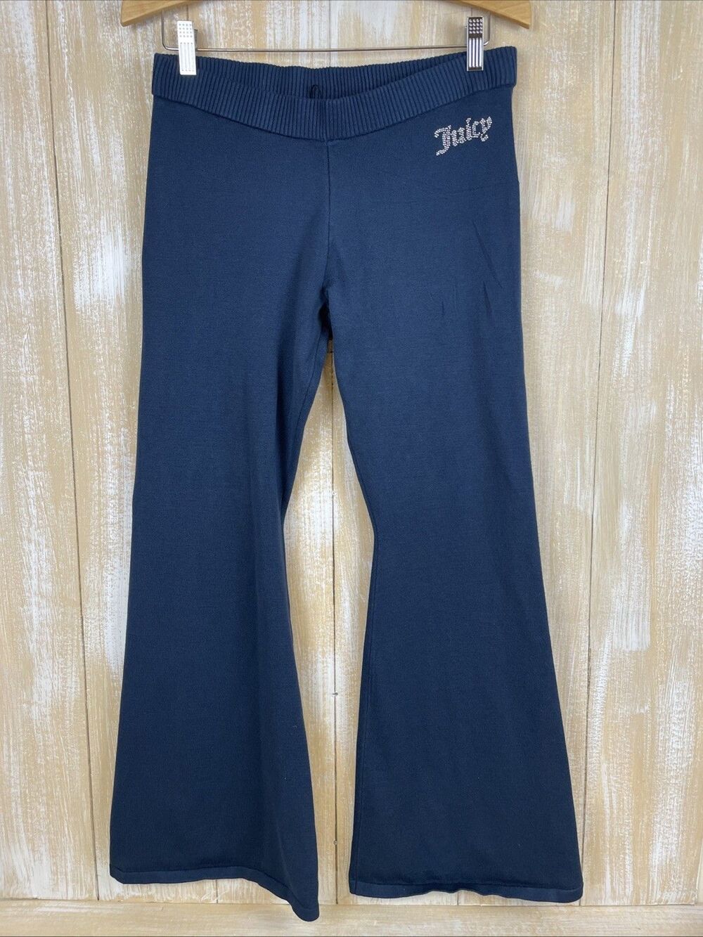 Juicy Couture Rhinestone Logo Wide Leg Teal Blue Knit Pull On Pants Size M